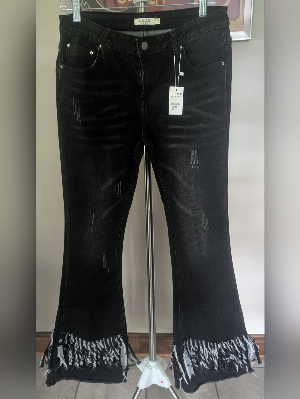 Luxe Moda Black Distressed Fringe Hem Flare Jeans - NWT Size 10 $30